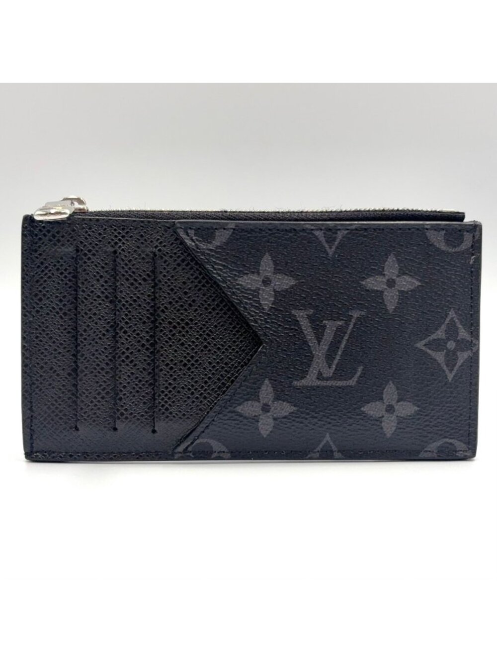 Louis Vuitton Monogram Eclipse Coin Card Holder Leather Black Wallet Silver